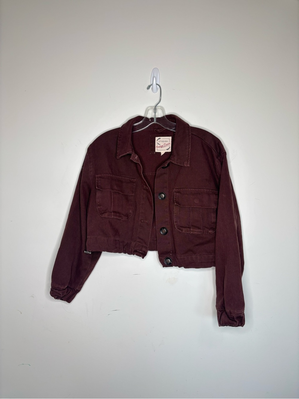 Stoosh Utility Denim Jacket Cropped Burgundy Medium Indie Sleaze Whimsigoth